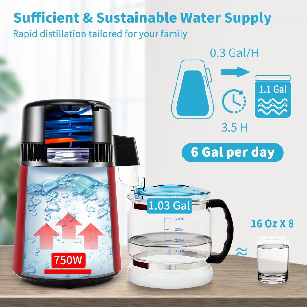 Water distiller 1 l/h. 750W Water Distiller, Distilled Water, Stainless Steel Distilling System, Red Water Distiller, Borosilicate Glass Jug, Household Pure Water Distilling