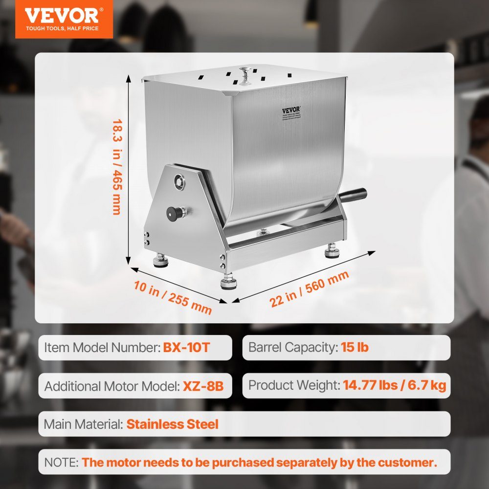 Manual meat mixer, meat processing device with tilting container (maximum mixing 6.8 kg of meat), meat mixer, sausage mixer with reduction gear, hand mixer for minced meat