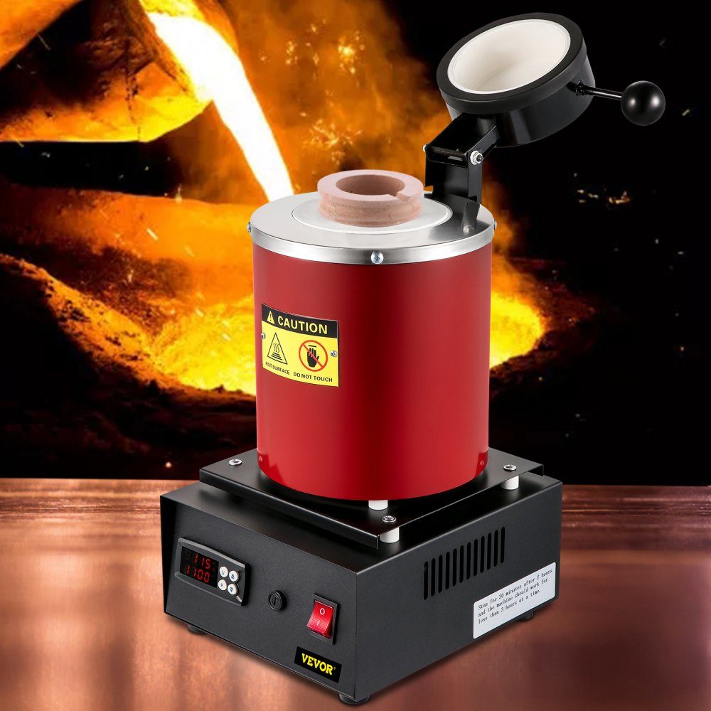 Goldschmelzofen 1350 W, 1150 ℃ max. Temperatur, digitaler elektrischer Schmelzofen, 3 kg Keramiktiegel mit Barrenmatrize und Handschuhen, für die Verarbeitung von Gold, Silber, Kupfer, Aluminium, Rot