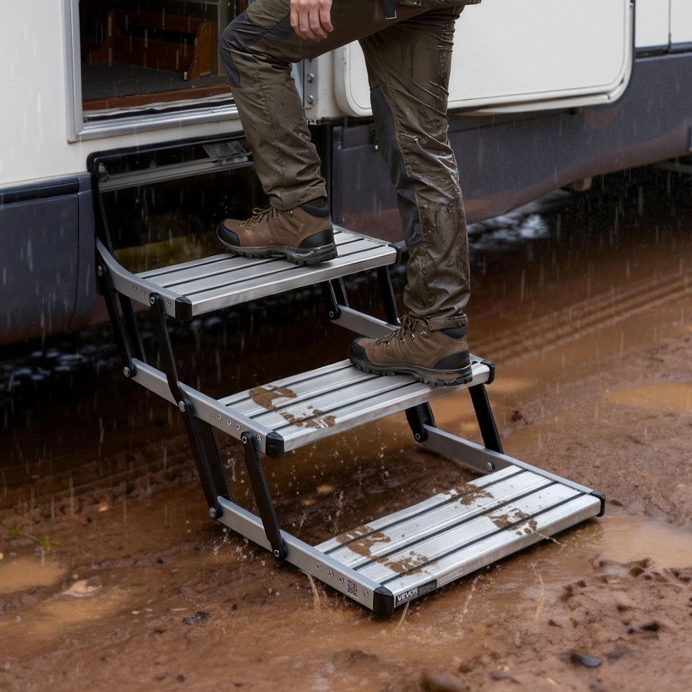 Retractable RV Stairs (3 Steps), RV Steps with 400lb Load Capacity, Aluminum Alloy Telescopic Folding Entry Stairs, Non-Slip Steel Frame for Caravan