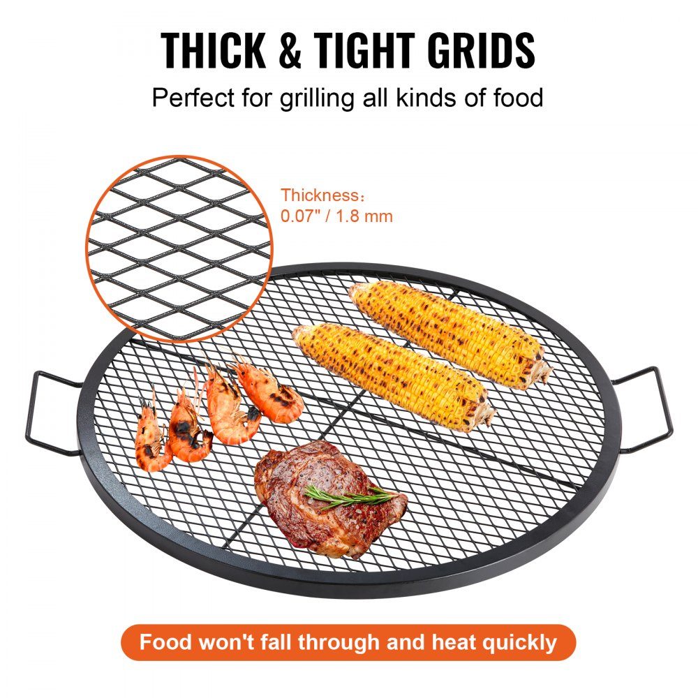 X-Marks Grille de barbecue pour foyer, Φ 760 x 25 mm, grille de barbecue en acier avec poignée et support X-Wire, batterie de cuisine de camping portable pour fêtes et rassemblements en plein air, noir