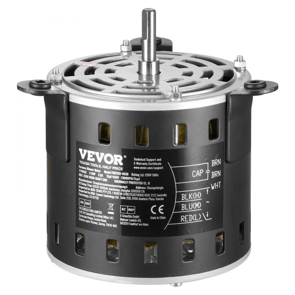 1/2 HP blower motor, 220V, 2.6A, 1300RPM, 3 speeds (1300/1100/800RPM), 10mm shaft diameter, 20mm shaft RED clockwise from shaft end, including CBB60 15μF/450V capacitor