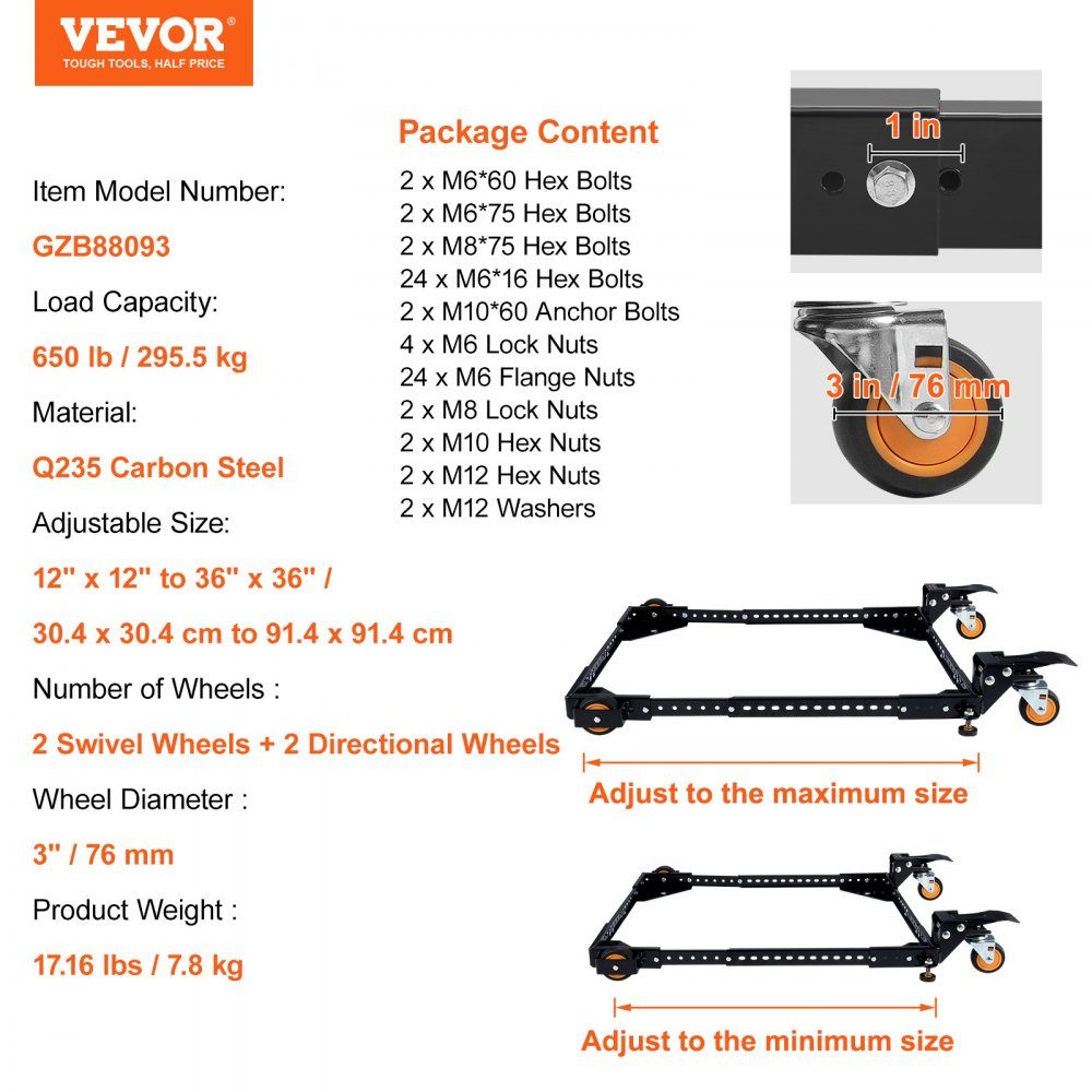 Mobile Basis, Tragfähigkeit 650 lbs, verstellbar von 12 x 12 Zoll bis 36 x 36 Zoll, robuste universelle mobile Basis mit Schwenkrädern, für Holzbearbeitungsgeräte, Bandsägen, Elektrowerkzeuge, Maschinen