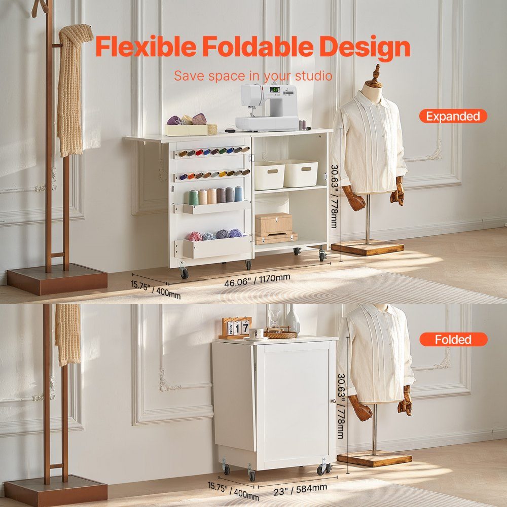 Opvouwbare naaitafel Multifunctionele naaimachinetafel met wielen en planken en opbergvakken en houten pennen en magnetische deuren, naaimachine wit (1170 x 400 x 778 mm)