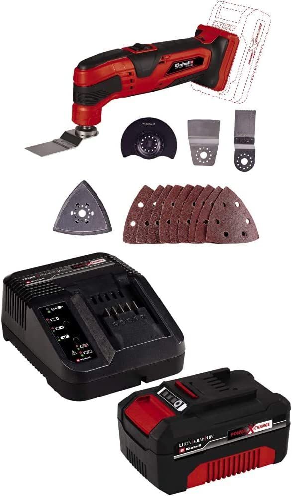 Einhell Akku Multifunktionswerkzeug Li-Solo Power X-Change + 4512042 Power X-Change Starter Kit Akku und Ladegerät, 18 V, 4,0 Ah Akku und Schnellladegerät