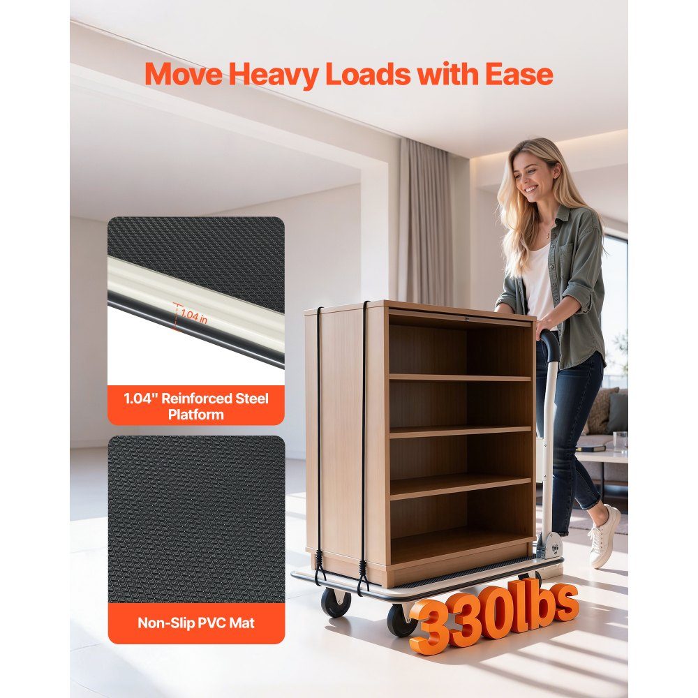 Folding platform trolley 150 kg, transport trolley with swivel castor, hand trolley loading area with anti-slip coating, transport aid for easy storage, 735x480x825 mm trolley