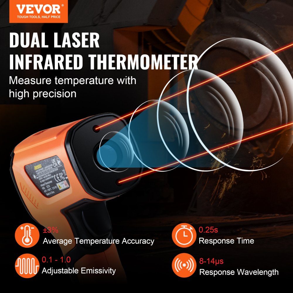 Infrarot-Thermometer IR 50:1, Pyrometer -40 °C bis 1500 °C, Laser-Temperaturmessgerät, 180 x 120 x 60 mm, Temperaturmessgerät, nicht menschliches Körperthermometer für Kochen/Grillen/Gefrierschrank/Industrie