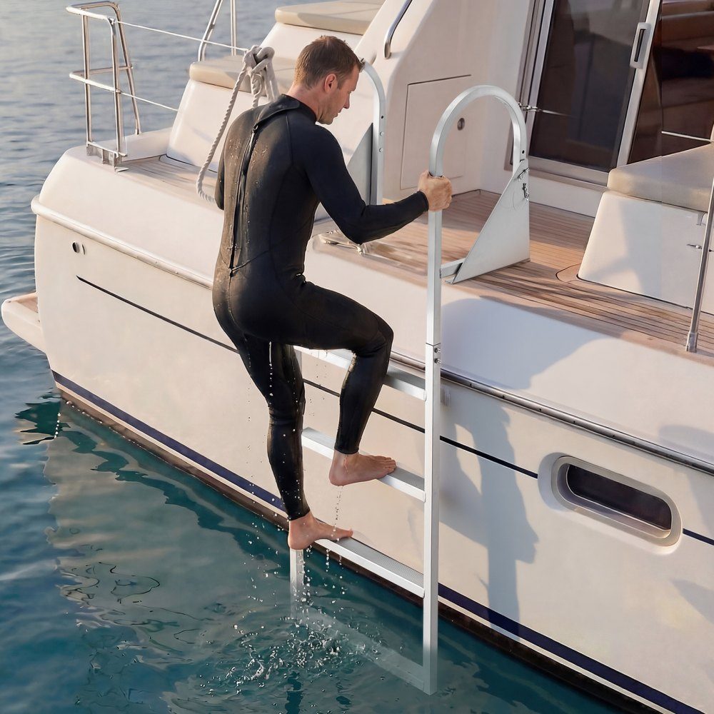 Klappbare Dockleiter, Bootsleiter mit 4 rutschfesten Stufen, breiten Pedalen und Handlauf, Poolleiter mit 159 kg Tragkraft aus Aluminiumlegierung, Einstiegsleiter für Docks, Pools, Seen, Boote, Silber