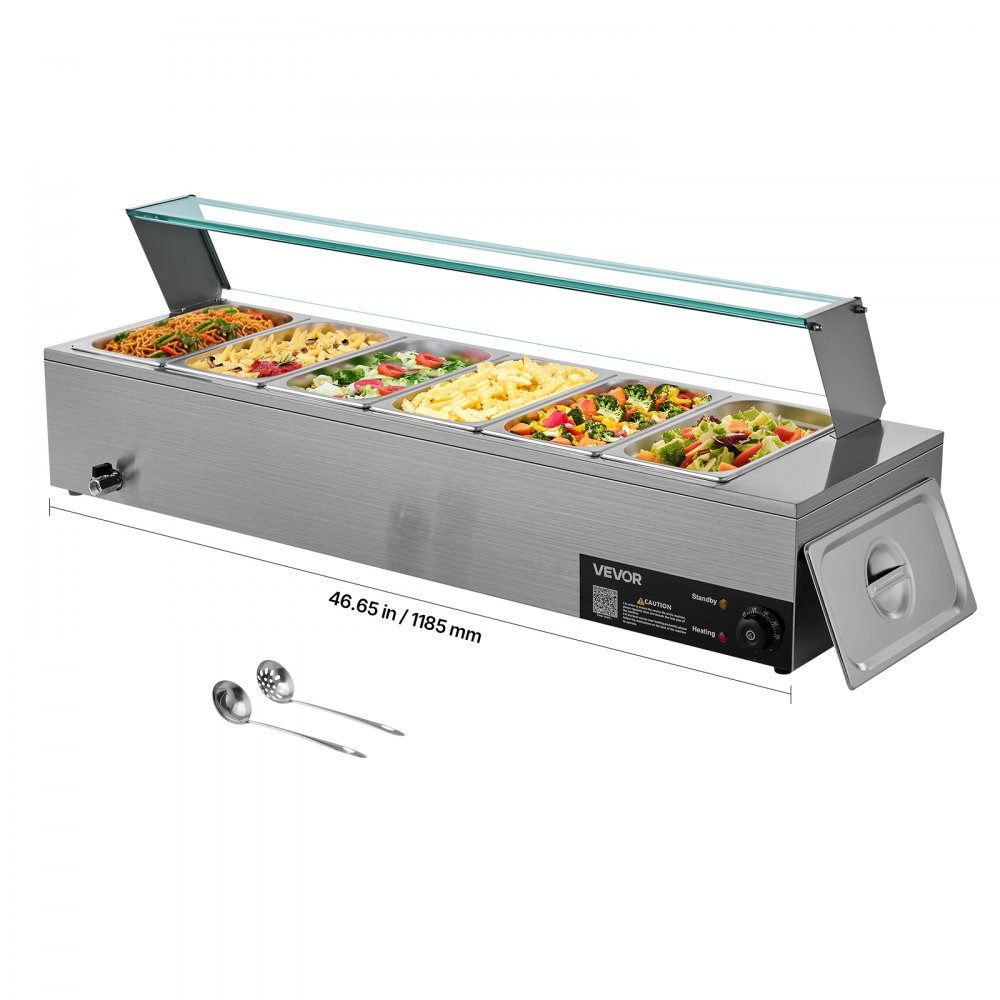 Commercial Food Warmer (6 Size 1/3 Containers), 1.5KW Stainless Steel Electric Warming Container with Glass Cover and Soup Ladle, Chafing Dishes for Catering Restaurant Parties