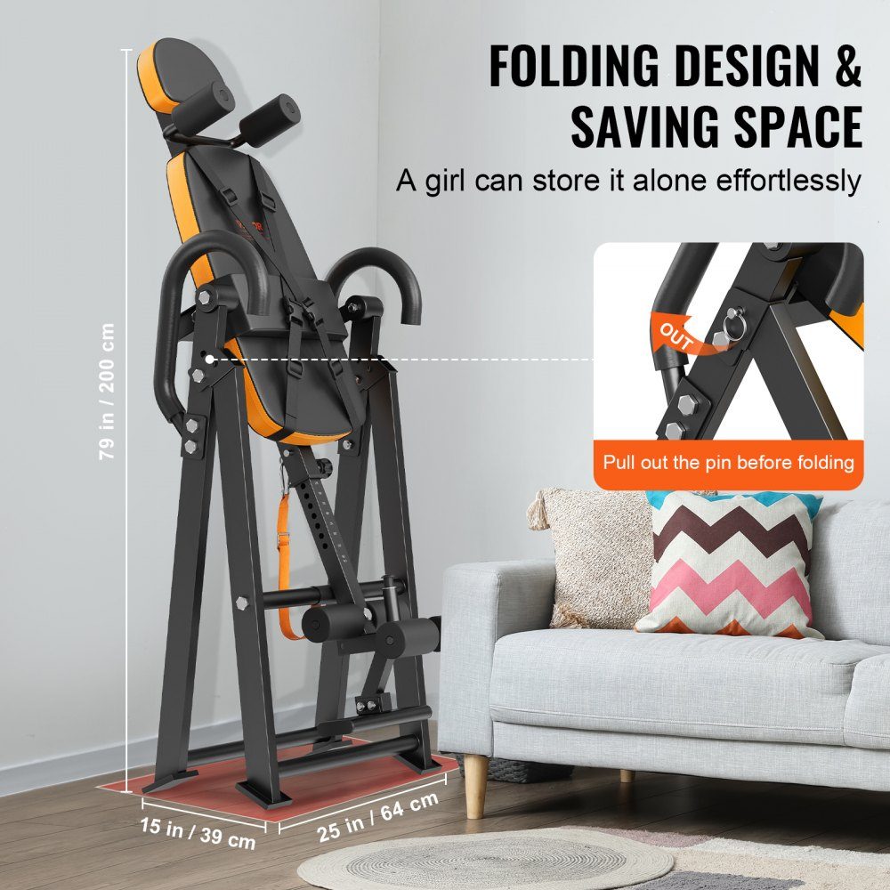 Inversion table, inversion bench, 136 kg load capacity, multifunctional back trainer, foldable strength training device with headrest, ankle lock, adjustable protective belt, orange/black
