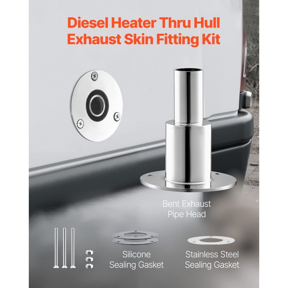 Réglage de la peau d'échappement à travers la coque (24 mm), kit d'échappement droit pour tuyaux d'échappement marins avec vis, écrous et joint pour chauffages diesel et chauffages d'appoint, acier inoxydable 316, couleur argent