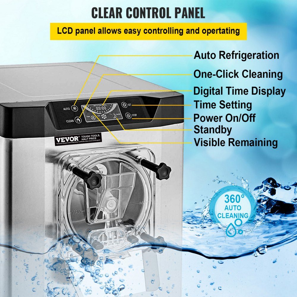 Commercial Ice Cream Machine Ice Cream Machine 16-20 L/H Ice Cream, 1400W Hard Ice Cream Machine with Smart LCD Display and Various Flavors, for Snack Bar, Restaurant Silver