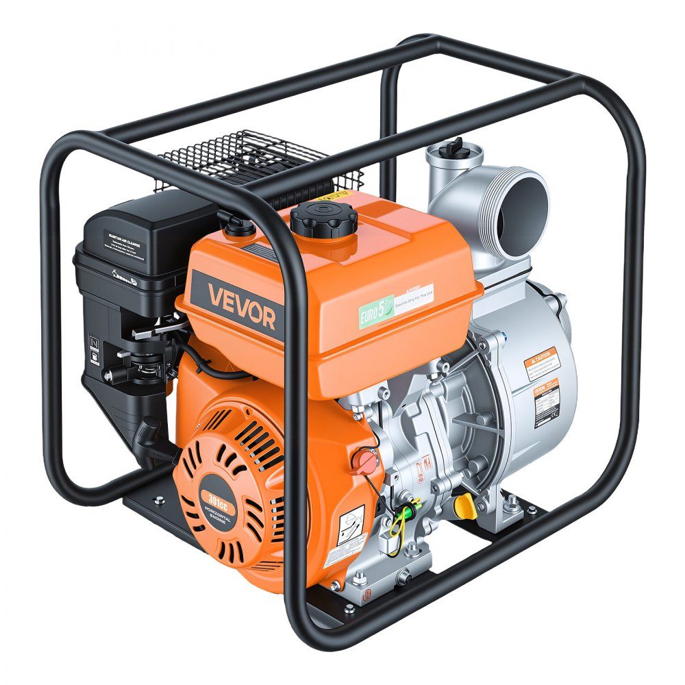 Pompe à eau essence 422 GPM, pompe à eau sale de 4 pouces, pompe à moteur de 8,3 CV portable avec tuyau de refoulement de 7,62 m et pompe de refoulement d'eau à turbine en fonte pour l'irrigation, le drainage, les chantiers de construction, les étangs