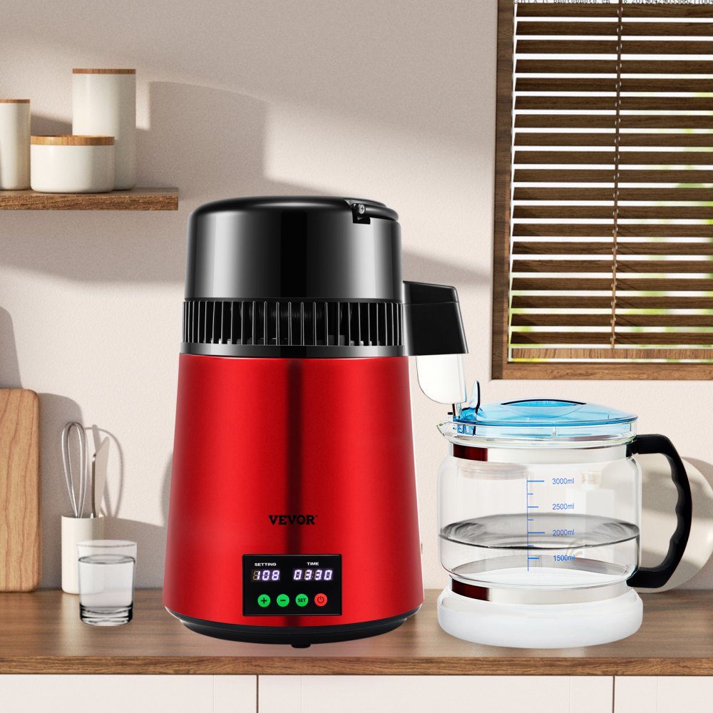 Water Distiller, 1L/H Household Red Water Distiller, Distilled Water 750W, Double Screen Stainless Steel Distiller System with Glass Jug, Distills Pure Water