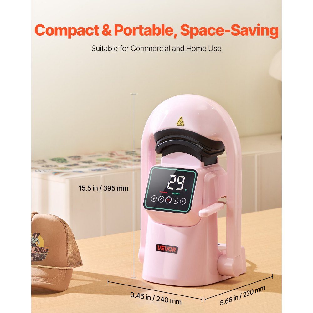 Automatic Hat Heat Press with 2 Interchangeable Plates, Auto Open and Release, Touch Screen for Time and Temperature Control, Heat Transfer Printing for Caps, Hats, Pink