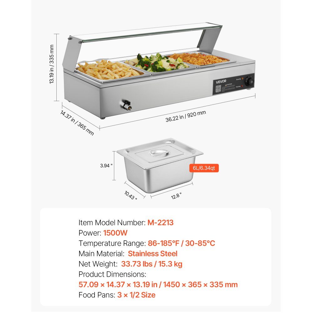 Chauffe-plats professionnel avec couvercle en verre et 3 récipients (taille 1/2) 1,5 kW Réchauffeur de buffet en acier inoxydable, récipient de buffet, bain-marie, station de réchauffement des aliments pour restaurants, fêtes, buffets