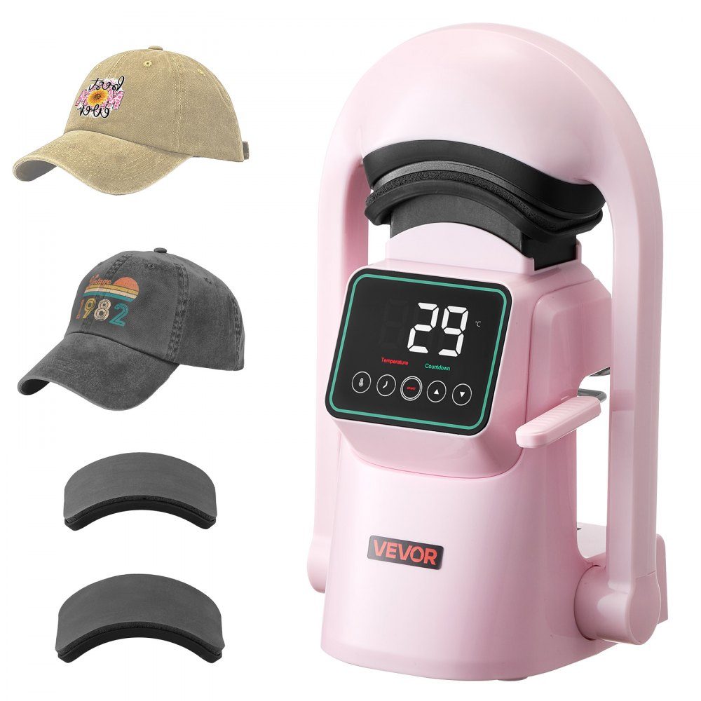 Automatic Hat Heat Press with 2 Interchangeable Plates, Auto Open and Release, Touch Screen for Time and Temperature Control, Heat Transfer Printing for Caps, Hats, Pink