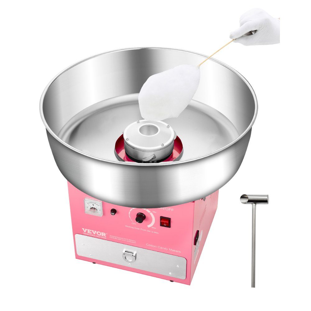 Elektryczna maszyna do waty cukrowej, komercyjna maszyna do waty cukrowej (1000 W), z misą ze stali nierdzewnej 52 cm oraz łyżeczką do cukru i szufladą, idealna na urodziny dzieci, spotkania rodzinne, imprezy w kolorze różowym