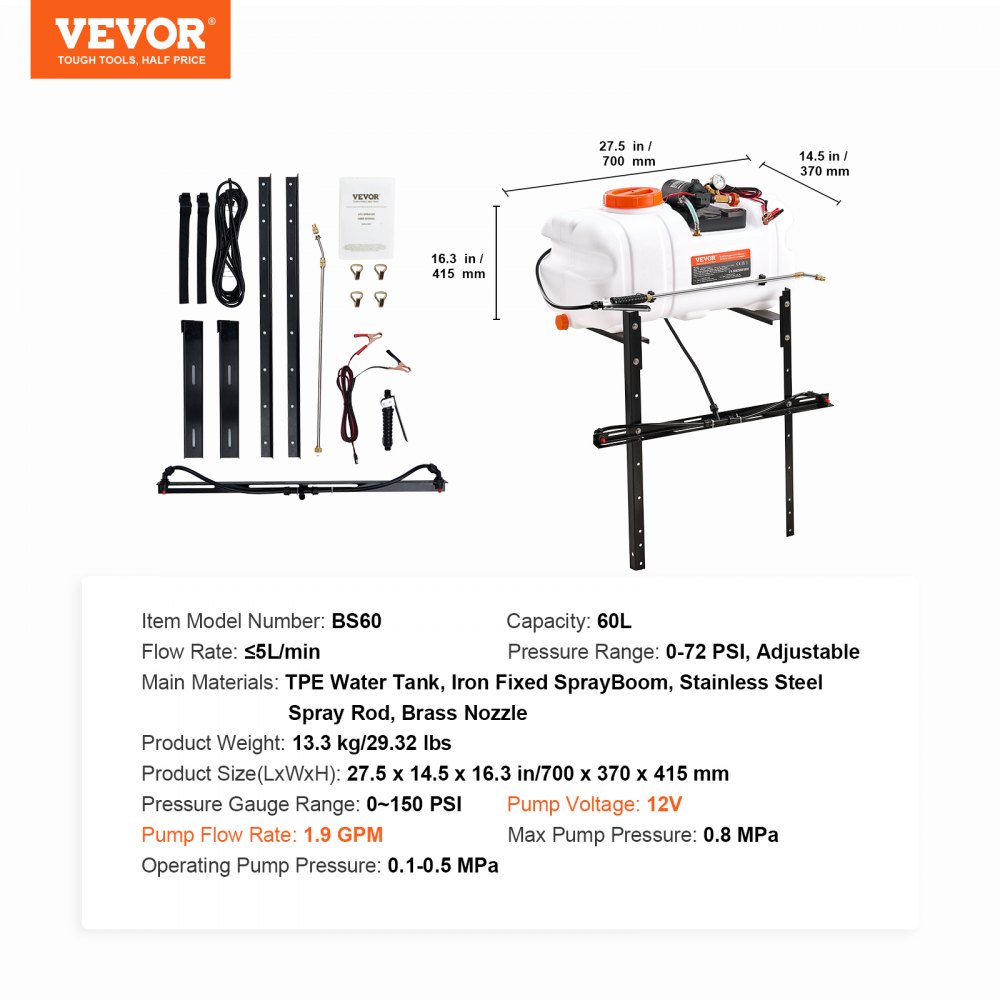 ATV Sprayer, 7L/min Pressure Sprayer, 12V Pump, 0.1-0.5MPa Pump, Operating Pressure Sprayer, 0-72 PSI Pressure Sprayer, Includes 20ft Hose, 8ft Quick Release Line, Ideal for ATVs, UTVs, Tractors ATV Sprayer, 7L/min Pressure Sprayer, 12V Pump, 0.1-0.5MPa Pump, Operating Pressure Sprayer, 0-72 PSI Pressure Sprayer, Includes 20ft Hose, 8ft Quick Release Line, Ideal for ATVs, UTVs, Tractors