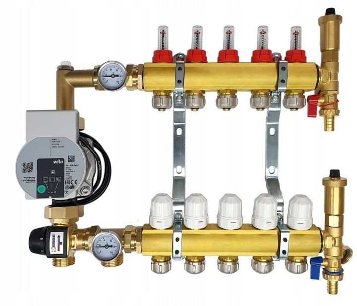 Distributeur de circuit de chauffage Distributeur en laiton pour chauffage au sol à 5 circuits avec mitigeur Esbe et groupe de pompes Wilo Distributeur de circuit de chauffage Distributeur en laiton pour chauffage au sol à 5 circuits avec mitigeur Esbe et groupe de pompes Wilo