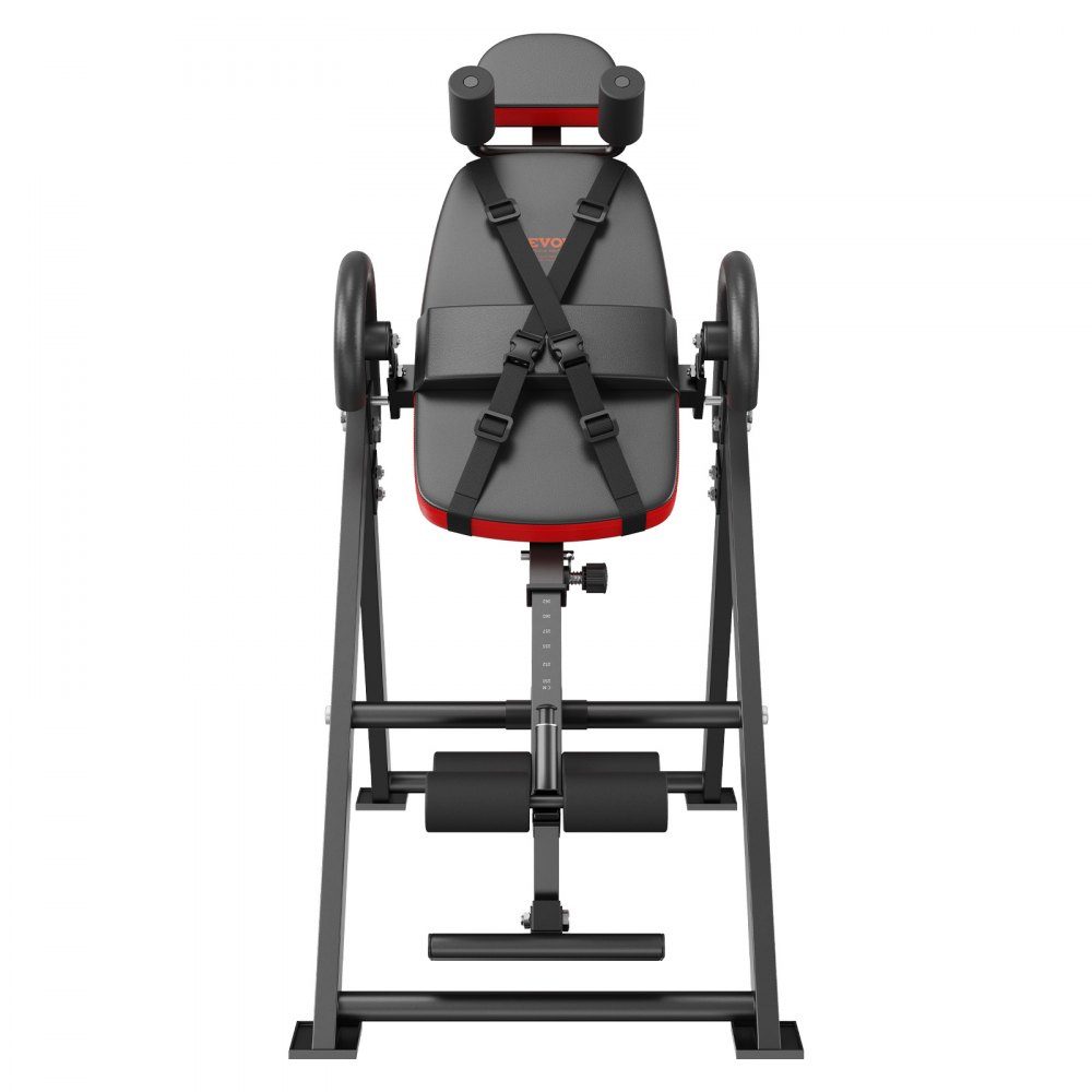 Inversion table, inversion bench, 136 kg load capacity, multifunctional back trainer, folding strength training device with headrest, ankle lock, adjustable protective belt, red + black