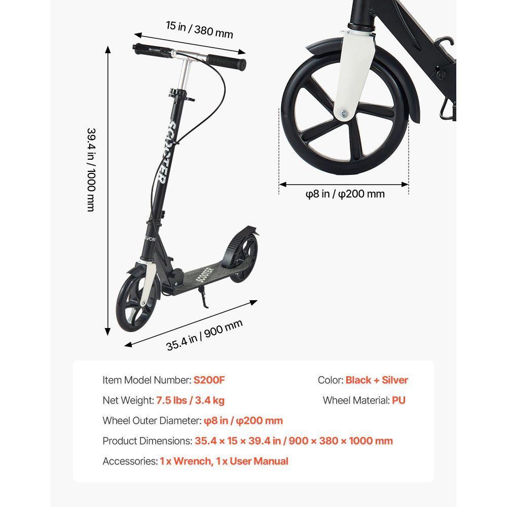 Trottinette (2 roues) pour enfants à partir de 8 ans, trottinette de ville, trottinette enfant, trottinette de rue avec guidon réglable en hauteur & plateau antidérapant & frein à main, trottinette jusqu'à 100 kg, noir + argent