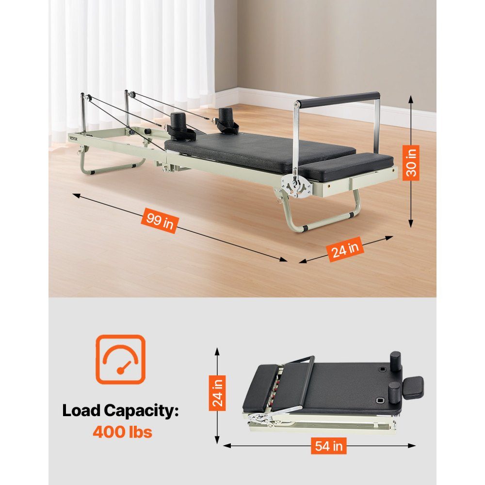 Składany przyrząd do ćwiczeń Pilates Reformer do użytku w domowej siłowni, łóżko do pilatesu z podwójnym oporem — sprężyna i sznurek, dla zaawansowanych i początkujących, do 400 funtów