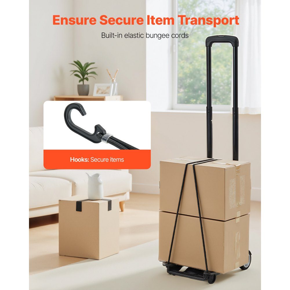 Zusammenklappbarer Sackkarre, 50 kg Tragkraft, Transportwagen mit 2 Rädern und 1 elastischem Seil, Allzweckwagen mit Plattform, für Flughafen, Reisemöbel, Gepäck, Büroumzüge, Schwarz, 320 x 235 x 965 mm