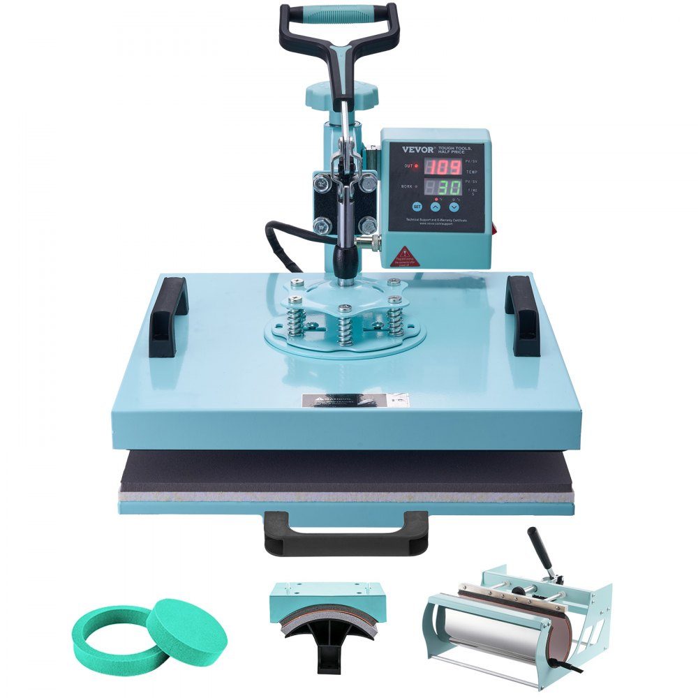 Transferpresse, 38,1 x 38,1 cm, 5-in-1-Wärmeübertragungsmaschine mit 30-Unzen-Trommelpresse, 360° wegschwenkbares T-Shirt-Pressen, digitale präzise Steuerung, für T-Shirts/Tassen/Hüte/Teller, grün