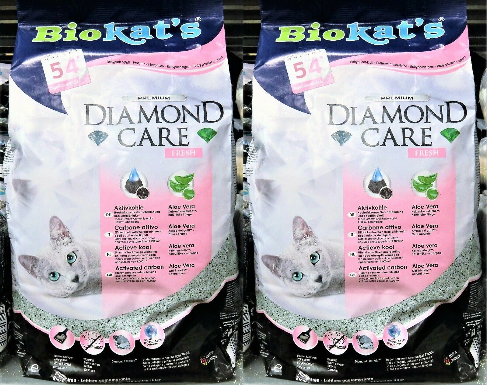 2 x 8 liter Aloë Vera Biokat's Diamond Care Fresh Kattenbakvulling met actieve kool