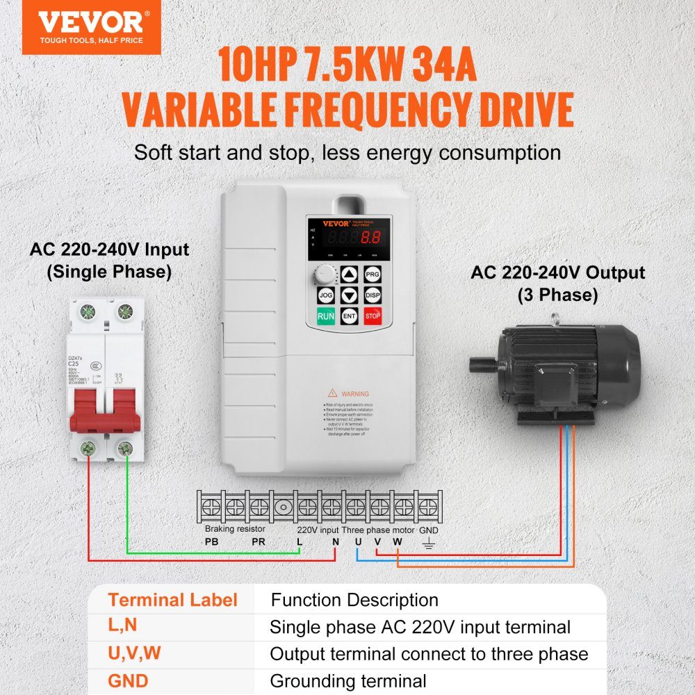 Frequency Converter, Frequency Converter, Inverter, VFD, 7.5kW, 34A, 10HP, 1-phase 220V input to 3-phase 220V output, for speed control of three-phase motors