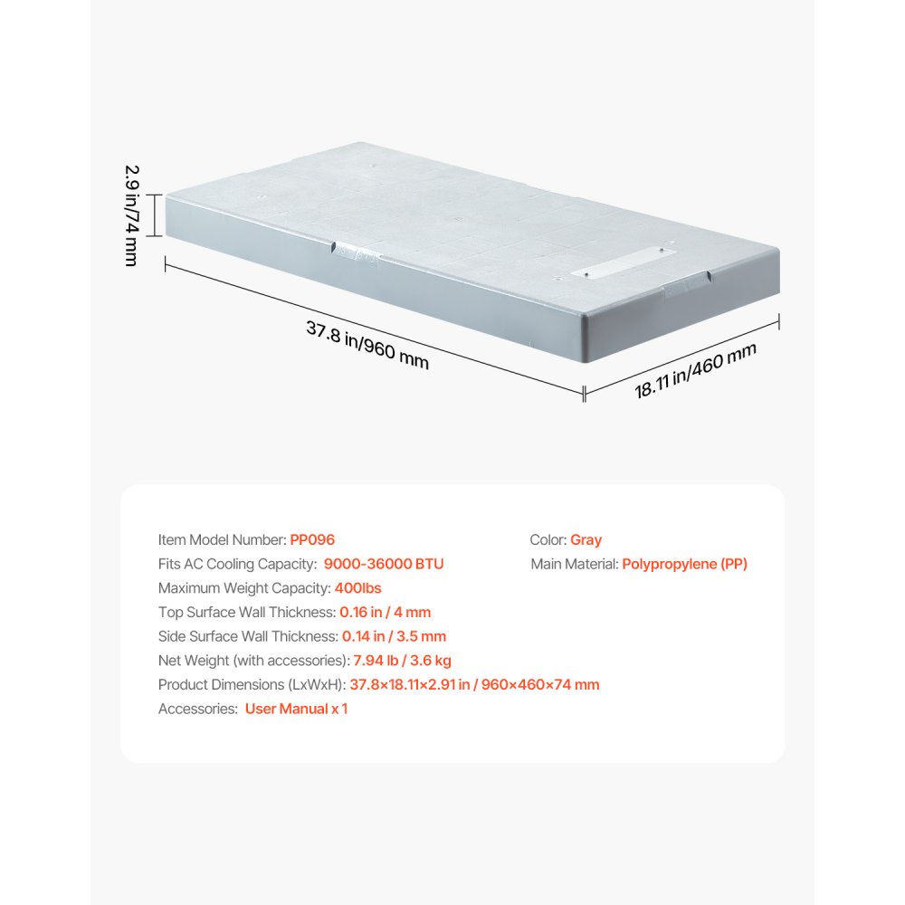 Mini coussin divisé, pour systèmes de pompe à chaleur de climatiseur sans conduit 9000-36000 BTU, coussinets anti-vibrations en plastique 960x460x74mm pour unités de condensateur extérieures, charge maximale 181kg