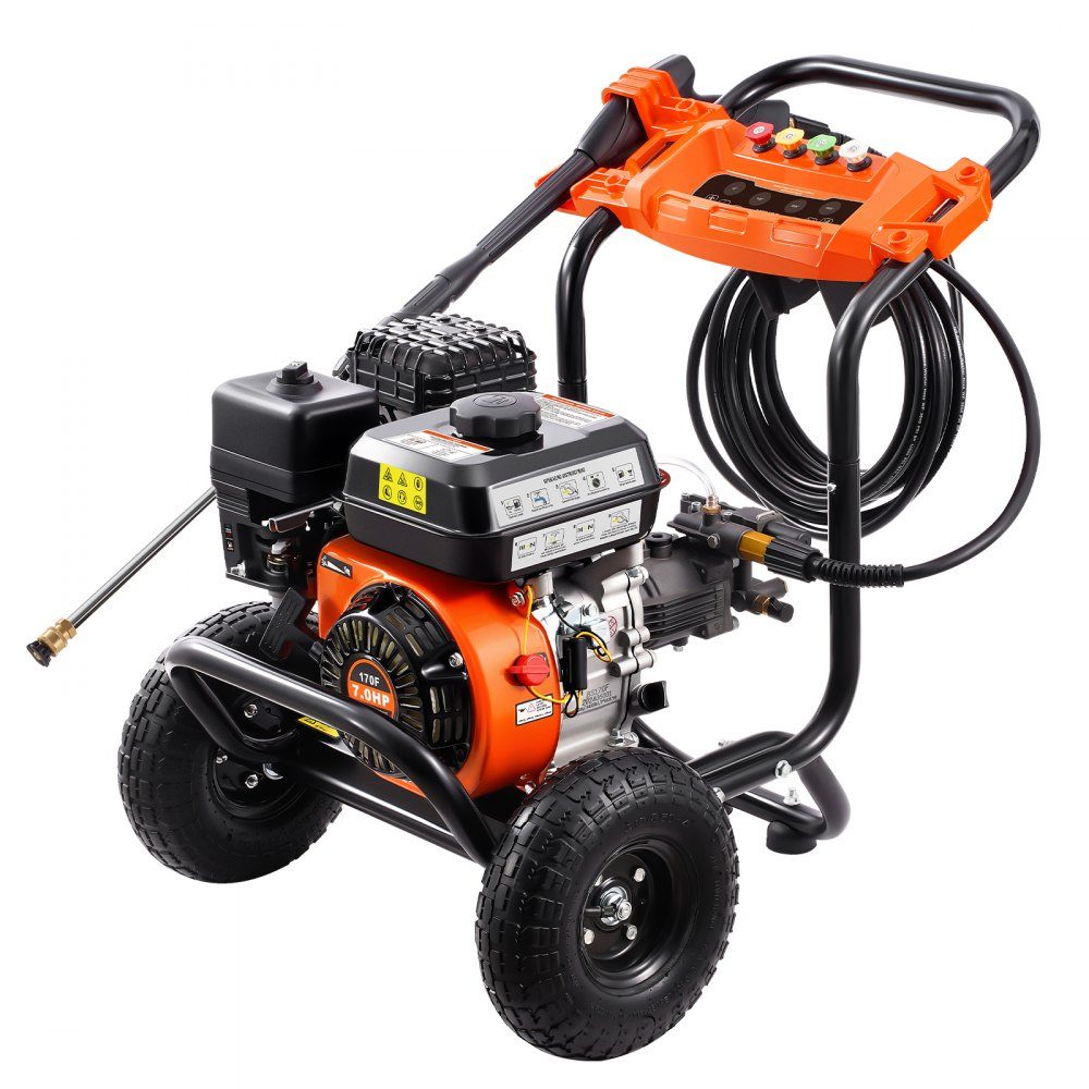 Benzin-Hochdruckreiniger, 3500 PSI 10 l/min, 2,6 GPM Terrassenreiniger mit Aluminiumpumpe, Druckpistole und Verlängerungsstab, 5-Düsen-Set, für Autos, Zäune, Häuser, Einfahrten, Terrassen