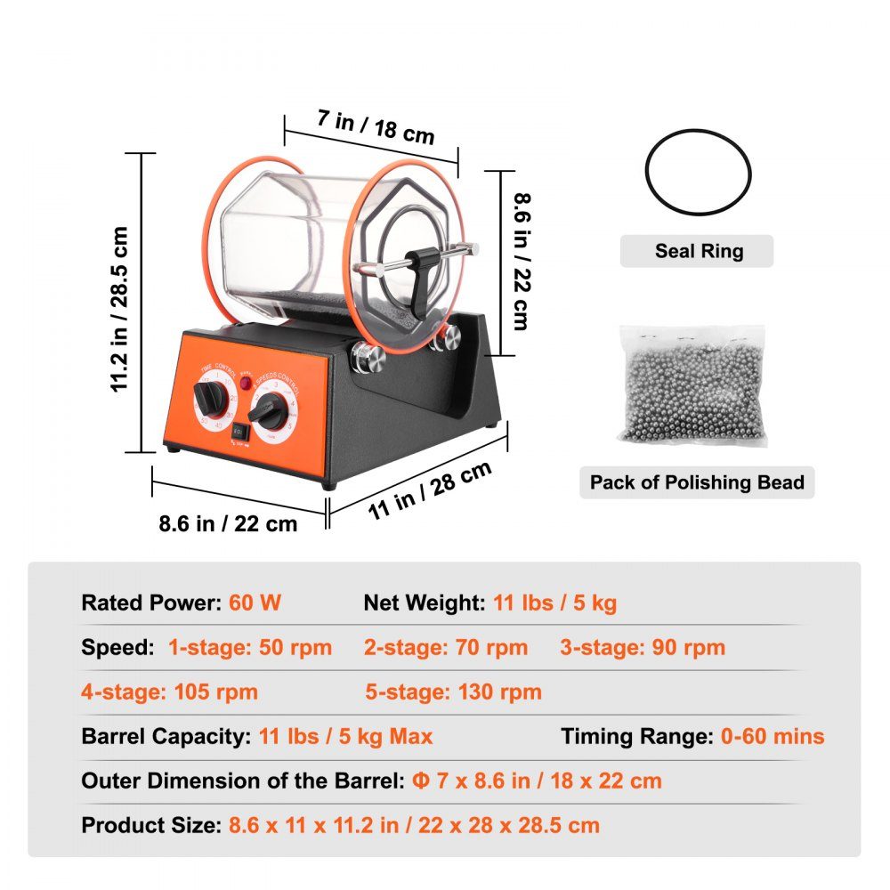 Tambour de polissage, machine de polissage de bijoux 5 kg, polisseuse de surface à tasse rotative 60 W, tasse rotative de polissage de bijoux, temps et vitesse réglables, broyeur à boulets pour or, argent, etc.