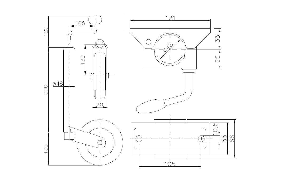Premium Stützrad PKW Anhänger 200 kg Stützlast Rohrdurchmesser 48 mm Caravan