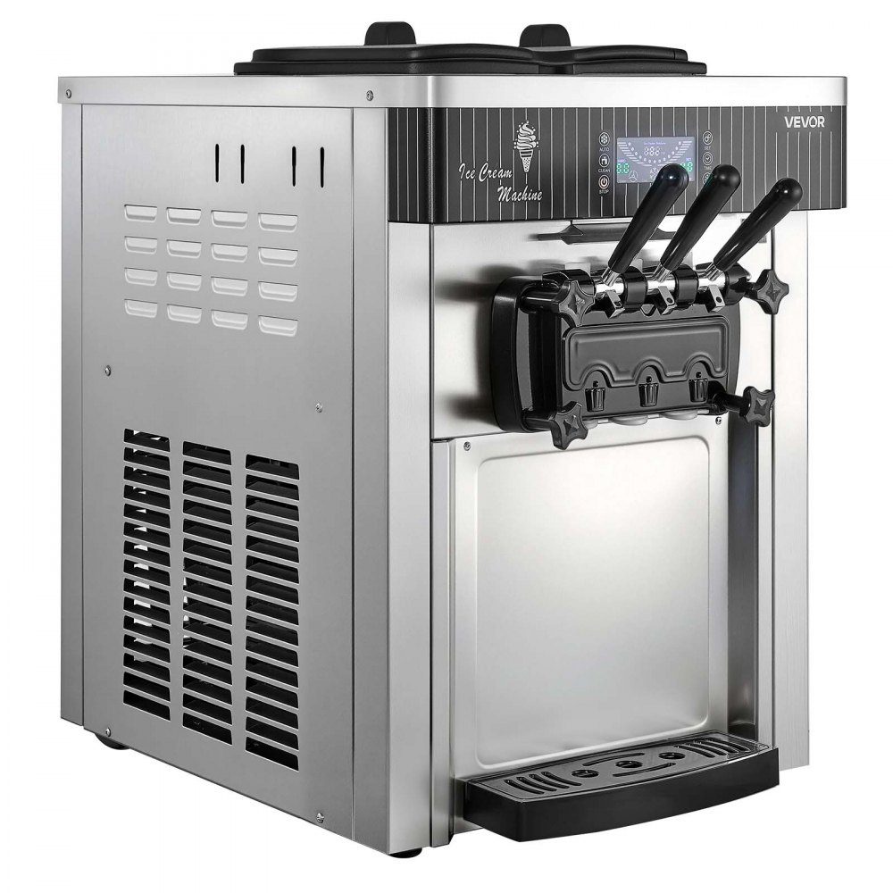 Commercial ice cream machine 20-28 L/h output, soft ice cream machine 2200 W with 2 x containers (6 L), pre-cooling, self-cleaning and LED display, table device for snack bars, dessert shops and cafes, silver