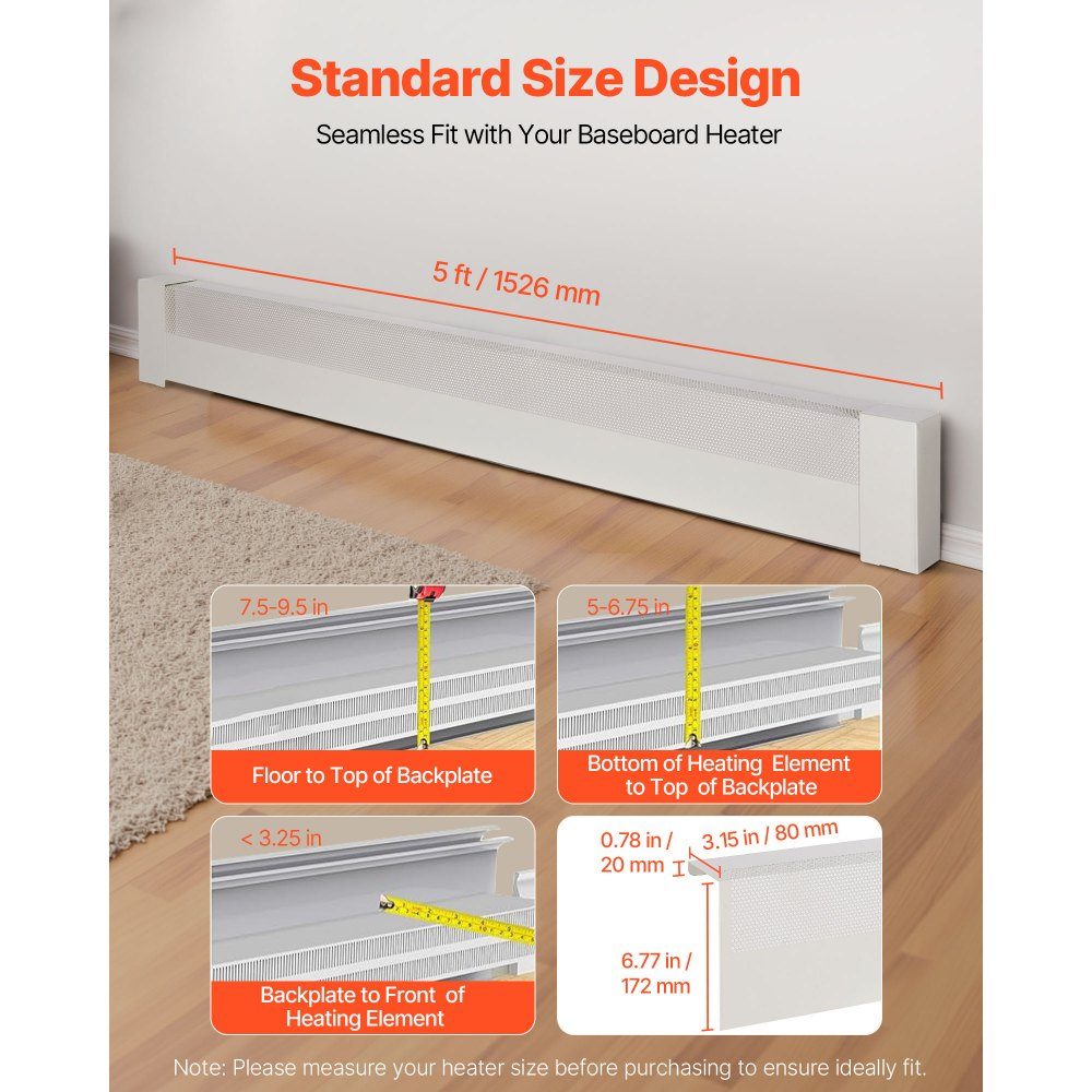 Heater Covers Basic Series 1526 x 80 x 193mm Standard Electric Radiator Front Cover Heavy Duty Steel Replacement Cover for Bedroom White