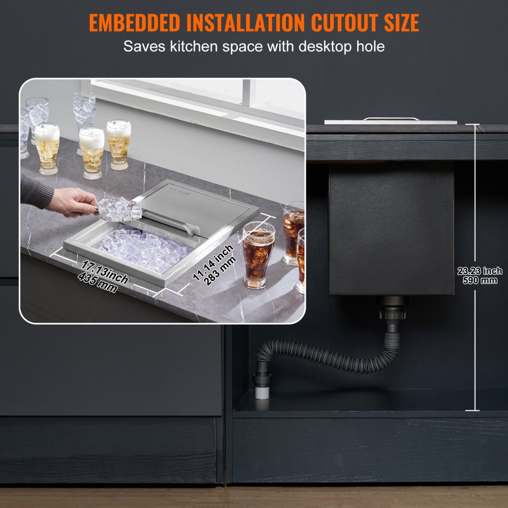 26.7L Drop-in Ice Box, 456 x 304 x 371mm Stainless Steel Ice Cooler, Commercial Ice Container with Sliding Lid, Integrated Ice Storage Box, Drain Pipe and Drain Plug Included 26.7L Drop-in Ice Box, 456 x 304 x 371mm Stainless Steel Ice Cooler, Commercial Ice Container with Sliding Lid, Integrated Ice Storage Box, Drain Pipe and Drain Plug Included