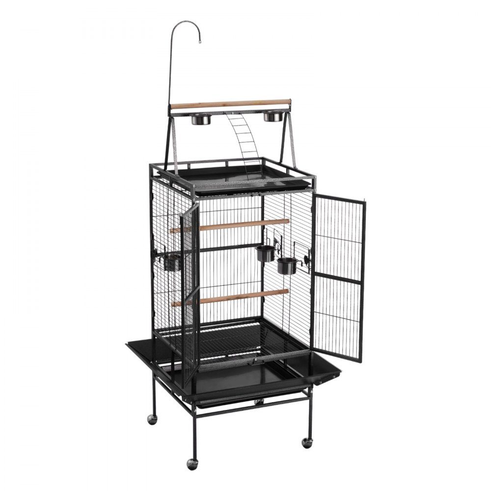 Vogelkäfig, 830 x 790 x 2100 mm, oben offen, Vogelvoliere aus Schmiedeeisen mit Sitzstangen, Napf und Futternäpfen aus Kunststoff, für Nymphensittiche, Mönchssittiche und Graupapageien