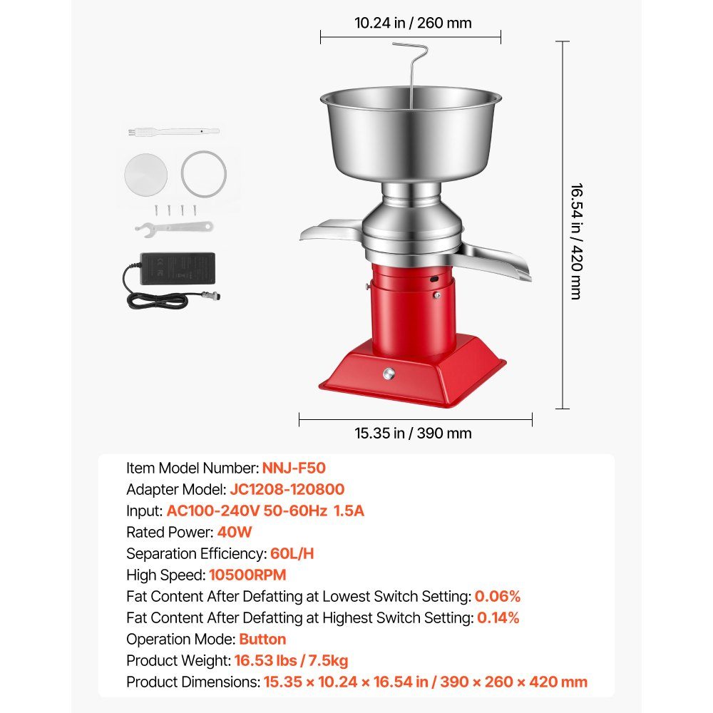 Elektrische melkafscheider 40W, 60L/H elektrische melkcentrifuge met knopbediening, 10500 RPM koemelkafscheidermachine, 304 roestvrijstalen crèmeafscheider met 4,5 liter melktank voor keuken