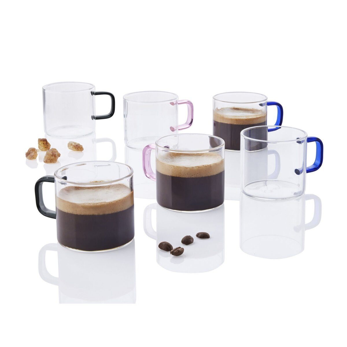 ERNESTO® glass set with colorful handles/teapot with strainer insert (espresso cup set 6 pieces)