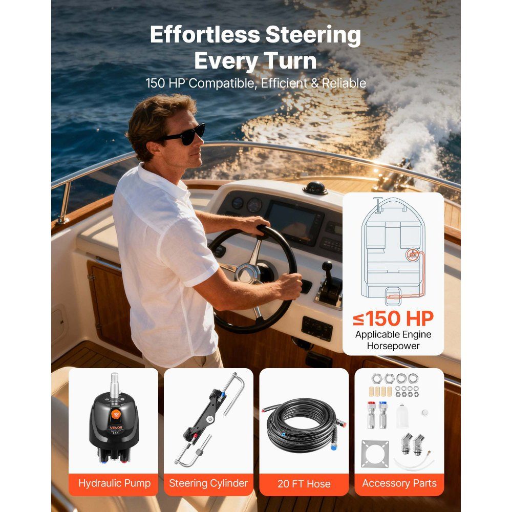 Outboard Hydraulic Steering Kit 110kW (150HP) Marine Hydraulic Boat Steering System with 6.9MPa Steering Pump, Two Way Lock Cylinder and 6m Hoses, for Single Helm, Single Engine