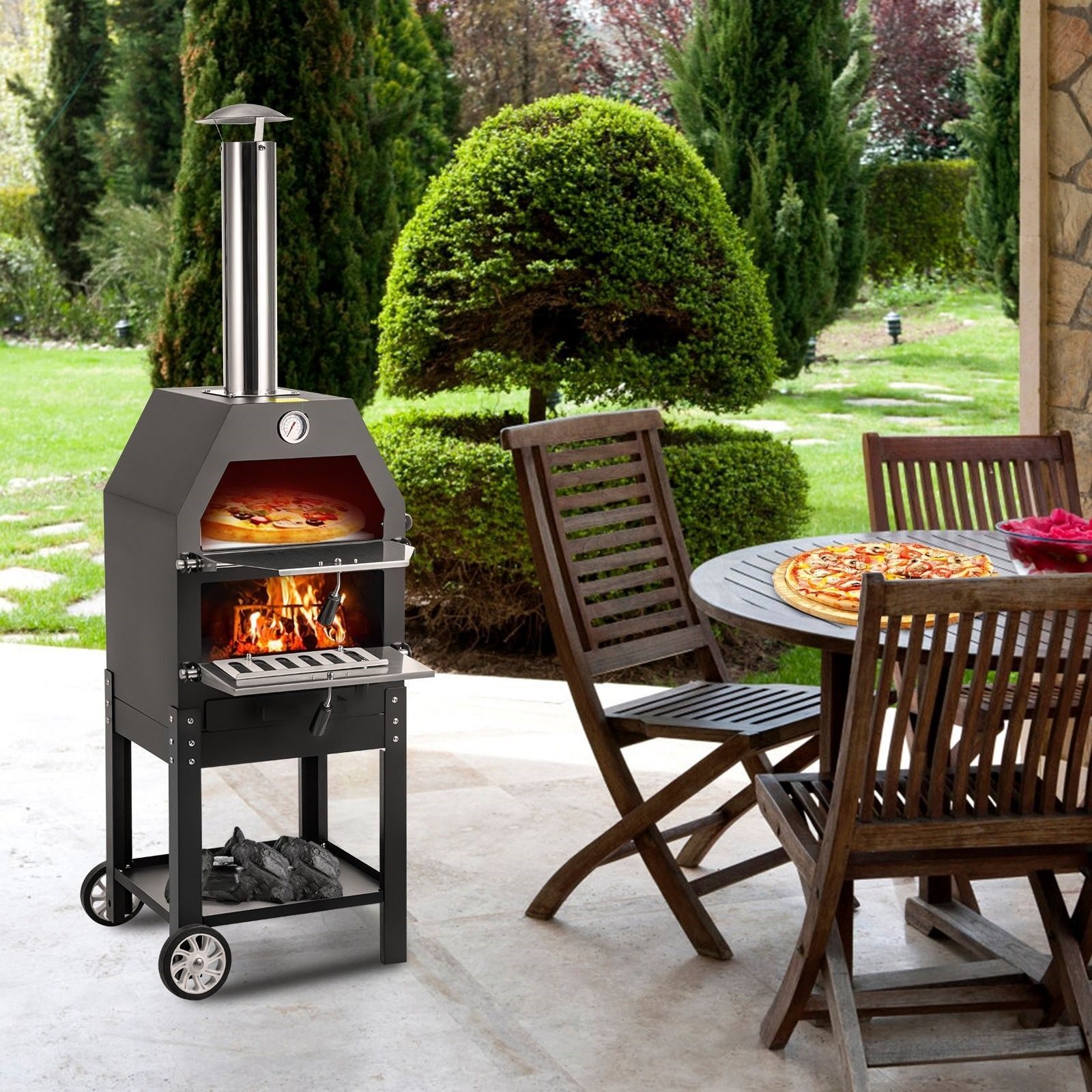 3in1 Outdoorküche Backofen Herd Pizzaofen 500°C Gartenküche Pizzaofen Grill mit Pizzasteinofen BBQ