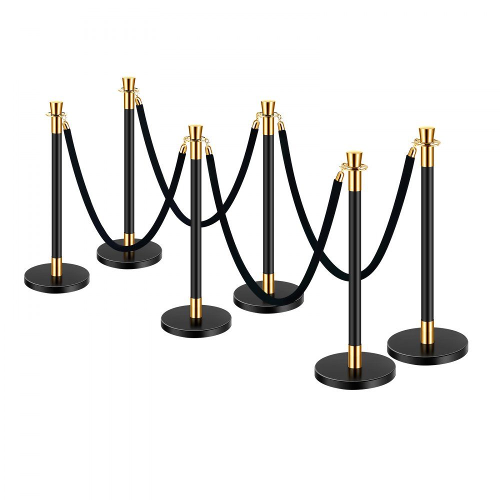 Barrier posts (6 pieces) for crowd control with 4 black velvet ropes (1.5 m long), stainless steel barrier stand with refillable base for exhibitions