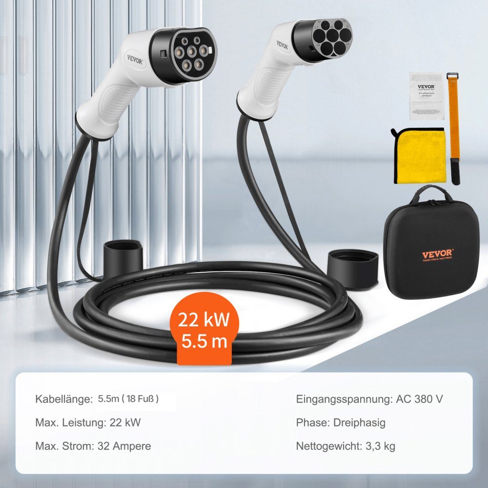 Type2 Electric Car Charging Cable/Hybrid EV Charging Cable E-Car Charging Cable Wallbox 22kW TPU Charging Cable 5.5m Cable Length 3 Phase AC 380V Type2 to Type2 Water/Dustproof Compatible with all Type 2 models