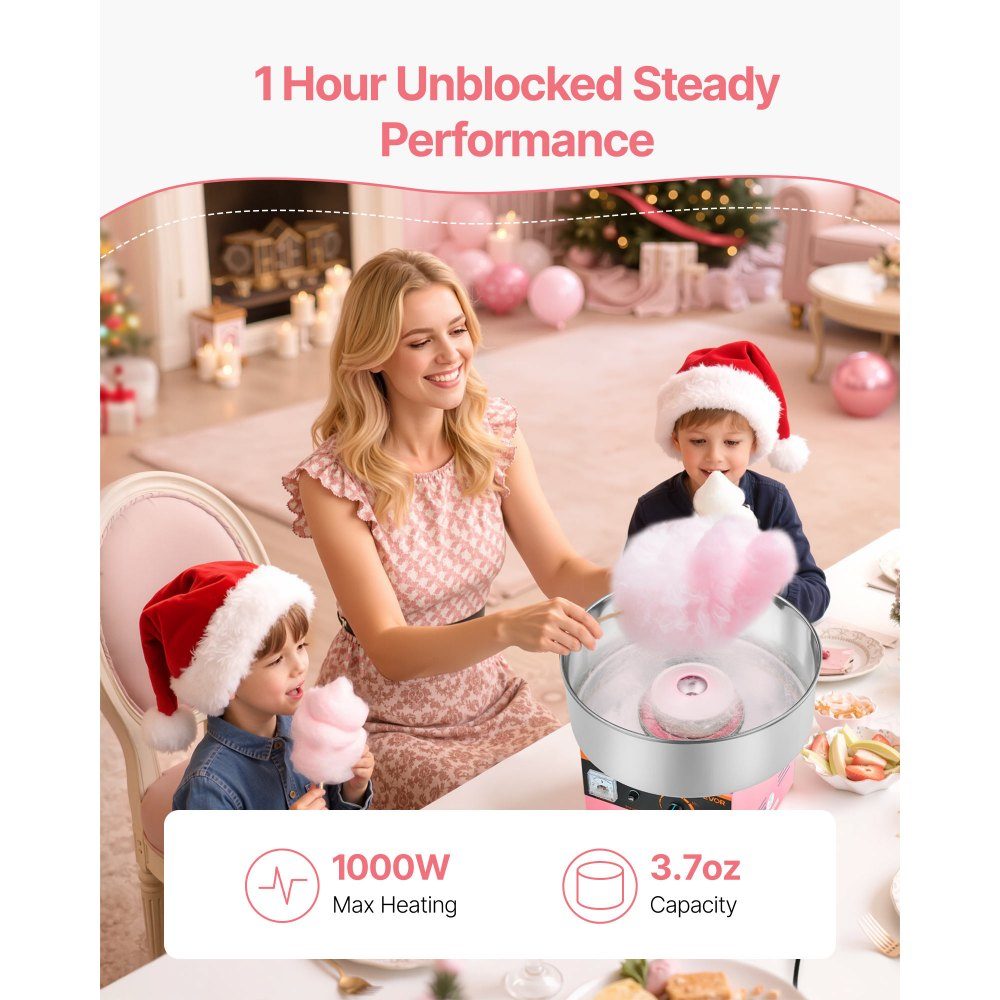 Machine à barbe à papa, machine à barbe à papa électrique 1000 W avec bol en acier inoxydable de 38 cm et cuillère à bonbons, fait de la barbe à papa pour les anniversaires à la maison, les réunions de famille, rose, 3500 tr/min – Réf. HT-23877