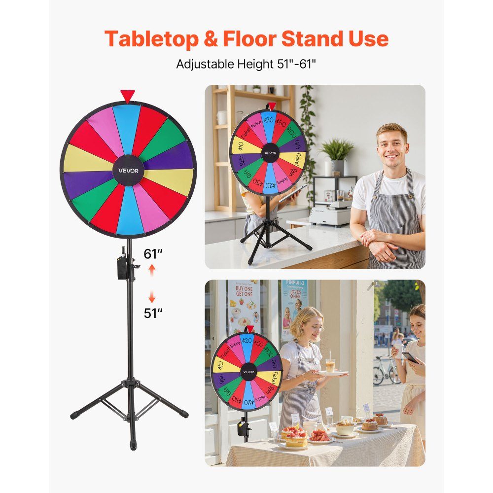 Rad van fortuin, spinnewiel (61 cm), 14 vakken, rad van fortuin met statief, in hoogte verstelbaar, loterijspelen, wedstrijden, roulette, met schoolbordspons & 2 stiften, 6 kleuren, ideaal voor feesten, cafés, kermissen, kermissen