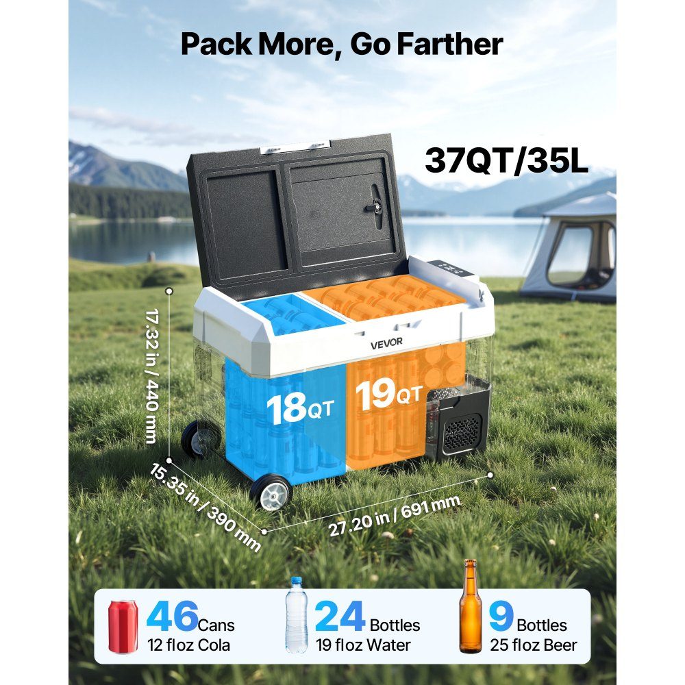 Compressor Cooler 12/24V DC 100-240V AC Car Fridge 35L with App Control & Wheels & 2 Temperature Zones (-20°C to 20°C) Portable Fridge for RV, Boat, Camping, Fishing