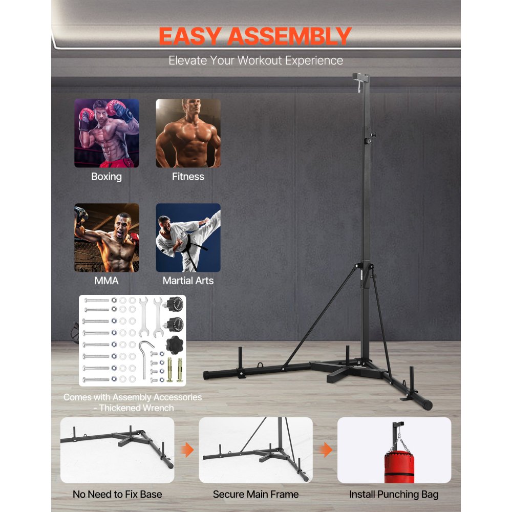 Bokszakstandaard, bokszakhouder, trainingsapparaat van staal (65 kg draagvermogen), in hoogte verstelbaar, vrijstaand zandzakframe, standaard met verzwaarde voet, trainingsapparaat voor de sportschool Bokszakstandaard, bokszakhouder, trainingsapparaat van staal (65 kg draagvermogen), in hoogte verstelbaar, vrijstaand zandzakframe, standaard met verzwaarde voet, trainingsapparaat voor de sportschool