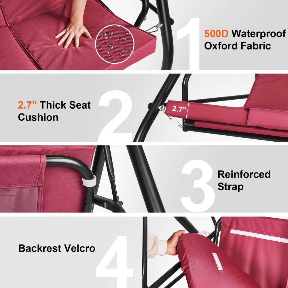 Chaise à bascule Hollywood 3 places avec auvent réglable, coussin amovible et cadre en acier allié pour balcon, jardin, bord de piscine, bordeaux